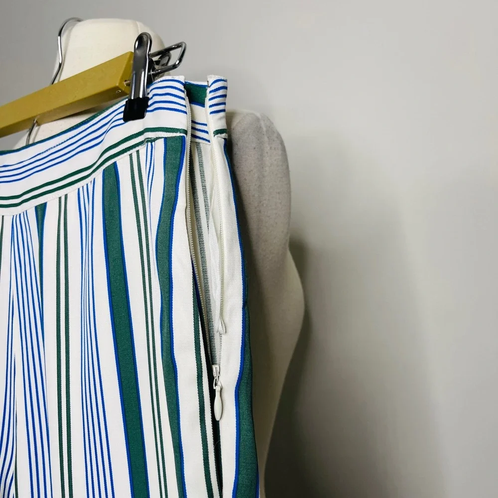 Tory Burch Green Blue Striped Side Zip Pants Straight Leg Trousers Size 4